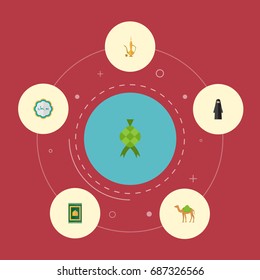 Flat Icons Malay, Decorative, Pitcher And Other Vector Elements. Set Of Holiday Flat Icons Symbols Also Includes Muslim, Camel, Arabic Objects.