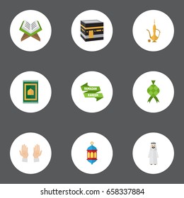Flat Icons Malay, Mecca, Pitcher And Other Vector Elements. Set Of Holiday Flat Icons Symbols Also Includes Hari, Arabian, Koran Objects.