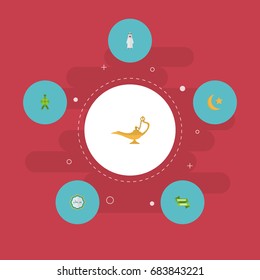 Flat Icons Malay, New Lunar, Genie And Other Vector Elements. Set Of Religion  Symbols Also Includes Star, Calligraphy, Oil Objects.