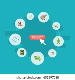 Flat Icons Malay, Prayer Carpet, Artillery And Other Vector Elements. Set Of Religion Flat Icons Symbols Also Includes Raya, Holy, Prayer Objects.