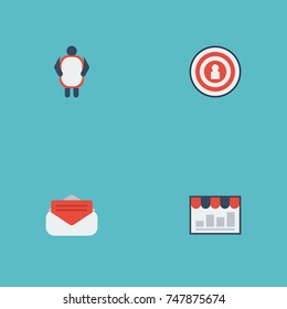 Flat Icons Man With Banner, Audience, Message And Other Vector Elements. Set Of Marketing Flat Icons Symbols Also Includes Ad, Market, Banner Objects.