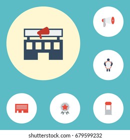 Flat Icons Man With Banner, Award, Letter And Other Vector Elements. Set Of Advertising Flat Icons Symbols Also Includes Brand, Billboard, Bullhorn Objects.