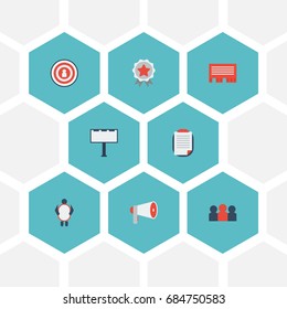 Flat Icons Man With Banner, Customer Summary, Auditorium And Other Vector Elements. Set Of Marketing Flat Icons Symbols Also Includes Dartboard, Placard, Award Objects.