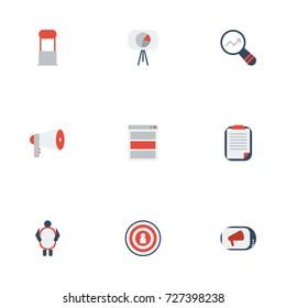 Flat Icons Man With Banner, Social Media Ads, Customer Summary And Other Vector Elements. Set Of Marketing Flat Icons Symbols Also Includes Bullhorn, Magnifier, Tripod Objects.