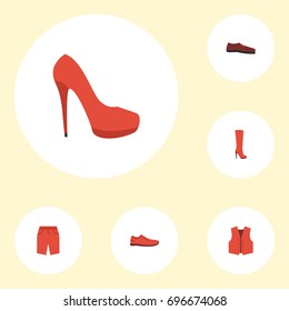Flat Icons Man Footwear, Heeled Shoe, Waistcoat And Other Vector Elements. Set Of Dress Flat Icons Symbols Also Includes Shoe, Stiletto, Vest Objects.