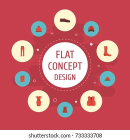 Flat Icons Man Footwear, Pompom, Hosiery And Other Vector Elements. Set Of Clothes Flat Icons Symbols Also Includes Man, Evening, Vest Objects.