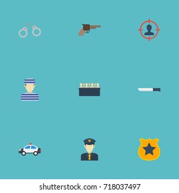 Flat Icons Manacles, Bayonet, Officer Emblem And Other Vector Elements. Set Of Crime Flat Icons Symbols Also Includes Car, Badge, People Objects.