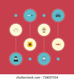 Flat Icons Manacles, Bayonet, Prisoner And Other Vector Elements. Set Of Crime Flat Icons Symbols Also Includes Manacles, Prisoner, Detective Objects.
