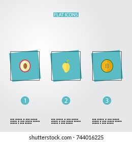 Flat Icons Mango, Muskmelon, Litchi And Other Vector Elements. Set Of Fruit Flat Icons Symbols Also Includes Fruit, Litchi, Tropical Objects.