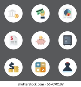 Flat Icons Mark, Pie Bar, Coins Pile And Other Vector Elements. Set Of Recording Flat Icons Symbols Also Includes Bank, Outgoings, Vault Objects.