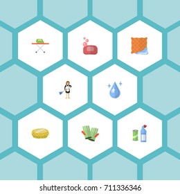 Flat Icons Means For Cleaning, Housekeeping, Gauntlet And Other Vector Elements. Set Of Cleaning Flat Icons Symbols Also Includes Gloves, Gauntlet, Foam Objects.