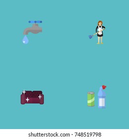 Flat Icons Means For Cleaning, Housewife, Faucet And Other Vector Elements. Set Of Hygiene Flat Icons Symbols Also Includes Water, Cleaning, Detergent Objects.