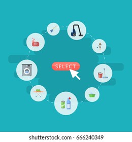 Flat Icons Means For Cleaning, Sweeper, Mopping And Other Vector Elements. Set Of Hygiene Flat Icons Symbols Also Includes Board, Washcloth, Cleaner Objects.