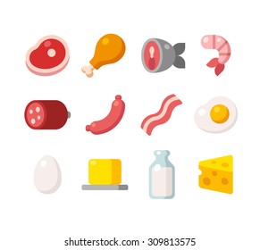  Flat Icons Of Meat And Dairy Products, Animal Sources Of Protein.