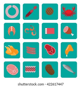Flat icons with meat and fish. Background white.