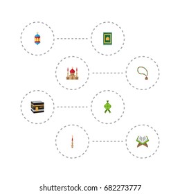 Flat Icons Mecca, Islamic Lamp, Holy Book And Other Vector Elements. Set Of Religion Flat Icons Symbols Also Includes Rug, Book, Bead Objects.
