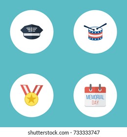 Flat Icons Medallion, Hat, History And Other Vector Elements. Set Of Memorial Flat Icons Symbols Also Includes Memorial, Award, Usa Objects.