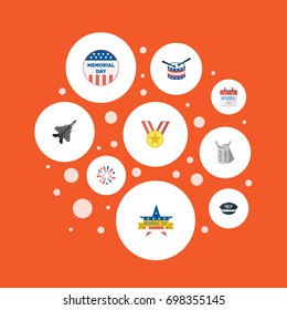 Flat Icons Medallion, Identity, Hat And Other Vector Elements. Set Of History Flat Icons Symbols Also Includes Drum, Identity, Calendar Objects.