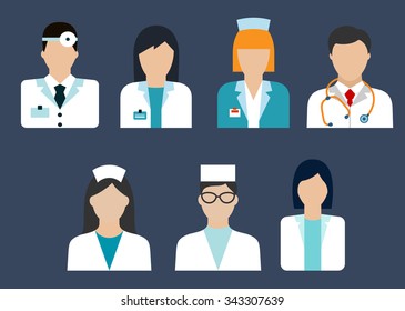 Flat icons of medical professions with doctor, therapist, surgeon, dentist, pharmacist and nurse avatars