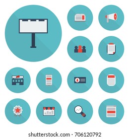 Flat Icons Megaphone, Application, Social Media Ads And Other Vector Elements. Set Of Advertising Flat Icons Symbols Also Includes Advertising Agency, Client, Billboard Objects.