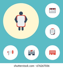 Flat Icons Megaphone, Customer Summary, Man With Banner And Other Vector Elements. Set Of Advertising Flat Icons Symbols Also Includes Brief, Letter, Mail Objects.