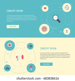 Flat Icons Megaphone, Id, Message And Other Vector Elements. Set Of Marketing Flat Icons Symbols Also Includes Id, Magnifier, Dartboard Objects.