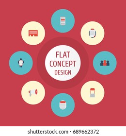 Flat Icons Megaphone, Journal, Auditorium And Other Vector Elements. Set Of Marketing Flat Icons Symbols Also Includes People, Mobile, Journal Objects.
