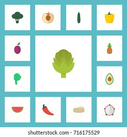Flat Icons Melon Slice, Alligator Pear, Herbaceous Plant And Other Vector Elements. Set Of Fruit Flat Icons Symbols Also Includes Potato, Melon, Lettuce Objects.