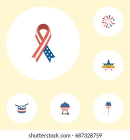 Flat Icons Memorial Day, Barbecue, Firecracker And Other Vector Elements. Set Of History Flat Icons Symbols Also Includes Barbecue, Drum, Firework Objects.