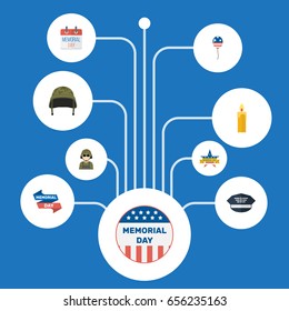 Flat Icons Memorial Day, Fire Wax, History And Other Vector Elements. Set Of Day Flat Icons Symbols Also Includes Man, Wax, Military Objects.