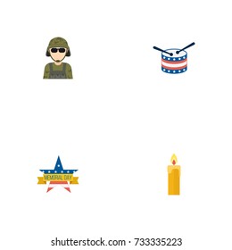 Flat Icons Memorial Day, Fire Wax, Military Man And Other Vector Elements. 