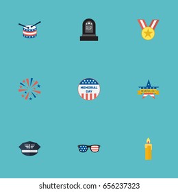Flat Icons Memorial Day, Firecracker, Fire Wax And Other Vector Elements. Set Of Day Flat Icons Symbols Also Includes Fire, Memorial, Drum Objects.