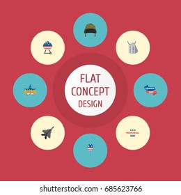 Flat Icons Memorial Day, Identity, Holiday And Other Vector Elements. Set Of Day Flat Icons Symbols Also Includes Identity, Aircraft, Plane Objects.