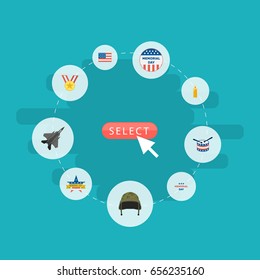Flat Icons Memorial Day, Medallion, Aircraft And Other Vector Elements. Set Of Memorial Flat Icons Symbols Also Includes Helmet, Award, Drum Objects.