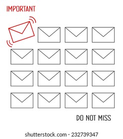 Flat icons of messages with one important message isolated on white background