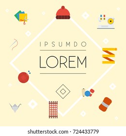 Flat Icons Meter, Scissors, Macrame And Other Vector Elements. Set Of Handmade Flat Icons Symbols Also Includes Skein, Wool, Colorful Objects.