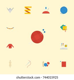 Flat Icons Meter, Scissors, Pincushion And Other Vector Elements. Set Of Handcraft Flat Icons Symbols Also Includes Measuring, Crochet, Jewelry Objects.