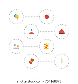 Flat Icons Meter, Scissors, Pincushion And Other Vector Elements. Set Of Handmade Flat Icons Symbols Also Includes Scissors, Machine, Colorful Objects.