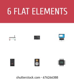 Flat Icons Microprocessor, Router, Monitor And Other Vector Elements. Set Of Laptop Flat Icons Symbols Also Includes Monitor, Cpu, Loudspeaker Objects.
