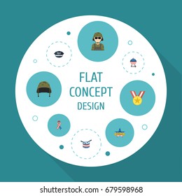 Flat Icons Military Man, Awareness, Hat And Other Vector Elements. Set Of Memorial Flat Icons Symbols Also Includes Drum, Helmet, Ribbon Objects.
