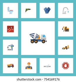 Flat Icons Mitten, Pipeline Valve, Stop Sign And Other Vector Elements. Set Of Construction Flat Icons Symbols Also Includes Restroom, Repair, Backhoe Objects.