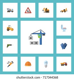 Flat Icons Mitten, Tractor, Excavator And Other Vector Elements. Set Of Industry Flat Icons Symbols Also Includes Road, Tractor, Sign Objects.