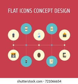 Flat Icons Mocha, Beverage, Sweetener And Other Vector Elements. Set Of Beverage Flat Icons Symbols Also Includes Milk, Sugar, Pocket Objects.