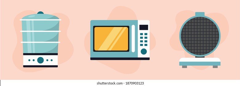 Flat icons modern blue and white steamer, microwaveon, waffle iron pink background. Kitchen appliances. Vector illustration.