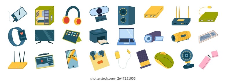 Flat icons of modern electronic devices and digital accessories. Computer, Mobile, and Tablet Hardware Set