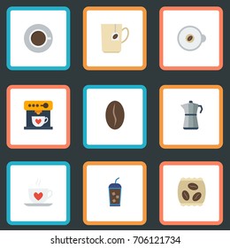 Flat Icons Moka Pot, Cappuccino, Arabica Bean And Other Vector Elements. Set Of Coffee Flat Icons Symbols Also Includes Iced, Espresso, Saucer Objects.