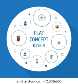 Flat Icons Moka Pot, Cappuccino, French Press And Other Vector Elements. Set Of Beverage Flat Icons Symbols Also Includes Package, Cup, Cocktail Objects.