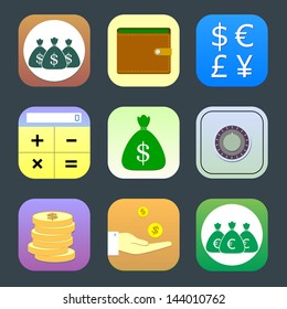 Flat icons, monetary topics for web and mobile applications