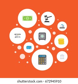 Flat Icons Money, Teller Machine, Small Change And Other Vector Elements. Set Of Banking Flat Icons Symbols Also Includes Payment, Strongbox, Machine Objects.