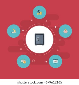 Flat Icons Moneybox, Profit, Deadline And Other Vector Elements. Set Of Registration Flat Icons Symbols Also Includes Profit, Money, Dividends Objects.